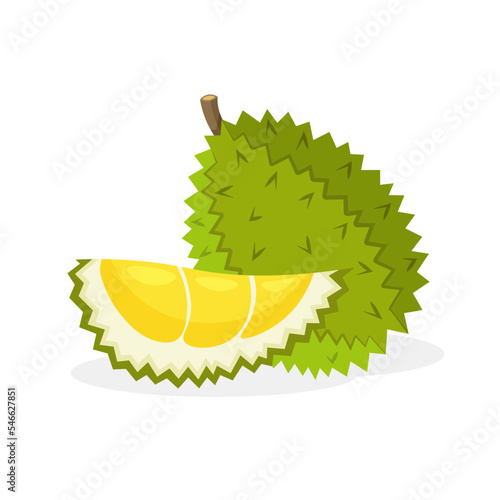 Durian fruit. Whole and piece of fruits.Vegan food vector icons in a trendy cartoon style. Vector illustration isolated.