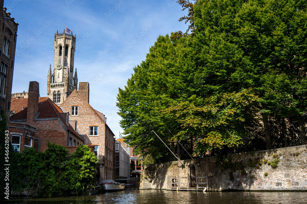 Bruges, Belgium : view from the canal with the Belfort tower in the background