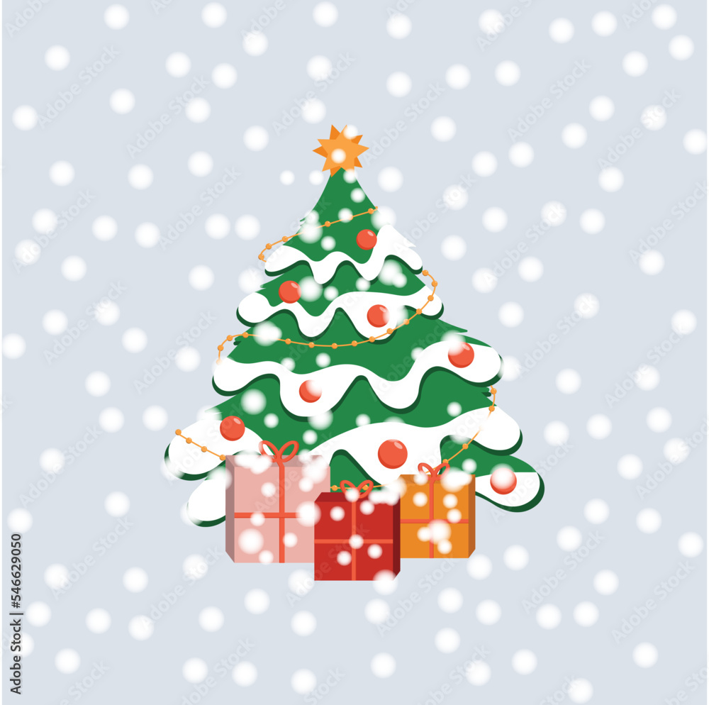 Under the Christmas tree are colorful gift boxes with bows covered with snow. Lots of gifts for the winter holidays. Greeting card template. Flat vector illustration Under the Christmas tree are colorful gift boxes with bows covered with snow. Lots of gifts for the winter holidays. Greeting card template. Flat vector illustration