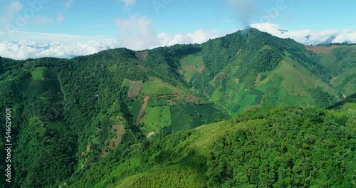 Clouds touching green summit covered with dense forests.