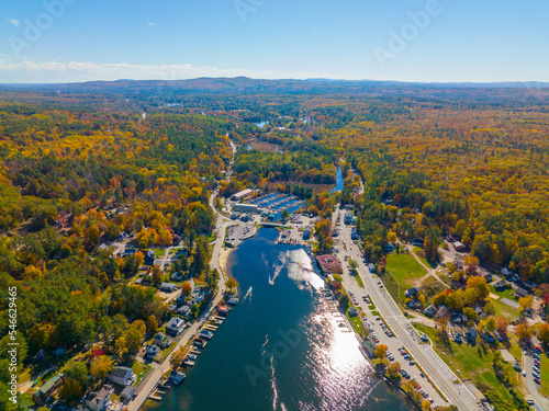 Alton Bay at Lake Winnipesaukee aerial view and village of Alton Bay in fall in town of Alton, New Hampshire NH, USA.  photo