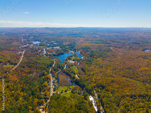 Merrymeeting River aerial view in fall at Alton Bay at Lake Winnipesaukee in village of Alton Bay, town of Alton, New Hampshire NH, USA. 