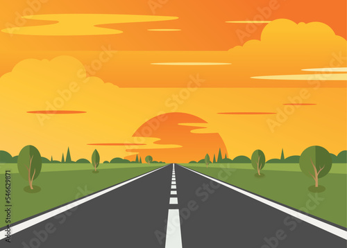 Road on background of natural landscape on sunset. Asphalt highway with markings in the countryside.