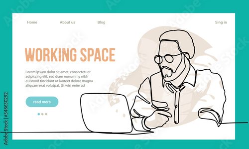 Coworking Space Landing Page Cartoon Template. Freelancers Team Working Online on Laptop. Business People Sharing Open Workspace. Outline Vector Illustration