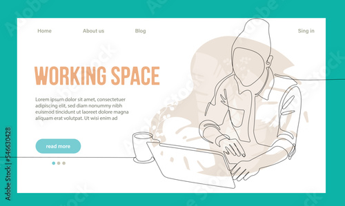 Coworking Space Landing Page Cartoon Template. Freelancers Team Working Online on Laptop. Business People Sharing Open Workspace. Outline Vector Illustration