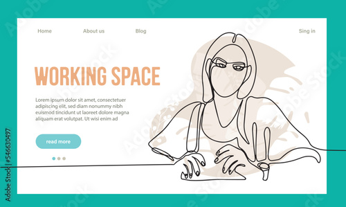 Coworking Space Landing Page Cartoon Template. Freelancers Team Working Online on Laptop. Business People Sharing Open Workspace. Outline Vector Illustration