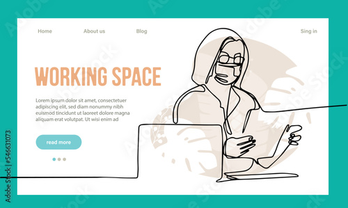 Coworking Space Landing Page Cartoon Template. Freelancers Team Working Online on Laptop. Business People Sharing Open Workspace. Outline Vector Illustration