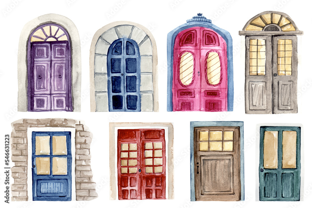 Watercolor set of colorful doors illustration