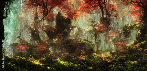 Magic fairytale fantasy painting of magic dense forest with tree and flowers. Digital image painted dark fairytale fantasy landscape in impressionism style. Generative AI 