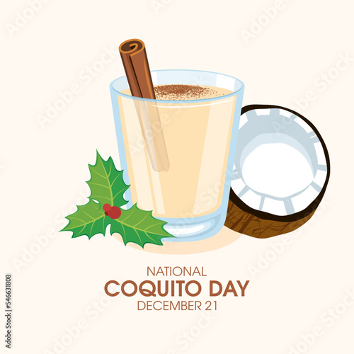National Coquito Day vector. Puerto Rican eggnog with cinnamon and coconut milk icon vector. Traditional christmas holiday drink coquito drawing. December 21. Important day