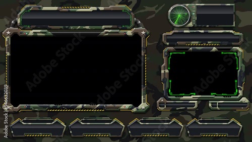 “War Ready” military scene overlay that features a nice camouflaged background and frames. Features transparent facecam and desktop scene. 12 second seamless loop. photo