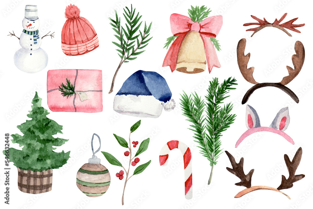 Watercolor Christmas items set. Clipart watercolor, Christmas tree, fireplace, gifts