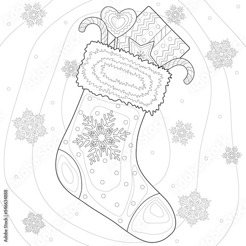 Christmas sock with simple round patterns and snowflakes, lollipop, gift, sweets, star toy. Winter illustration on white isolated background. For coloring book pages.