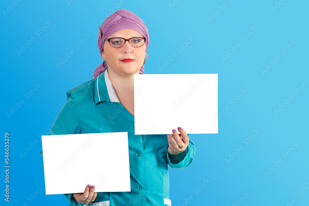 Woman depilation master in a medical uniform with certificates in her hands. save a place. Woman depilation master in a medical uniform with certificates in her hands. save a place.