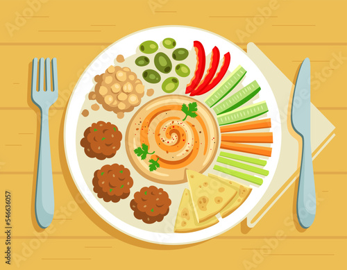 Hummus served on plate with falafel, vegetables, pita bread. Bright appetizing vector illustration.