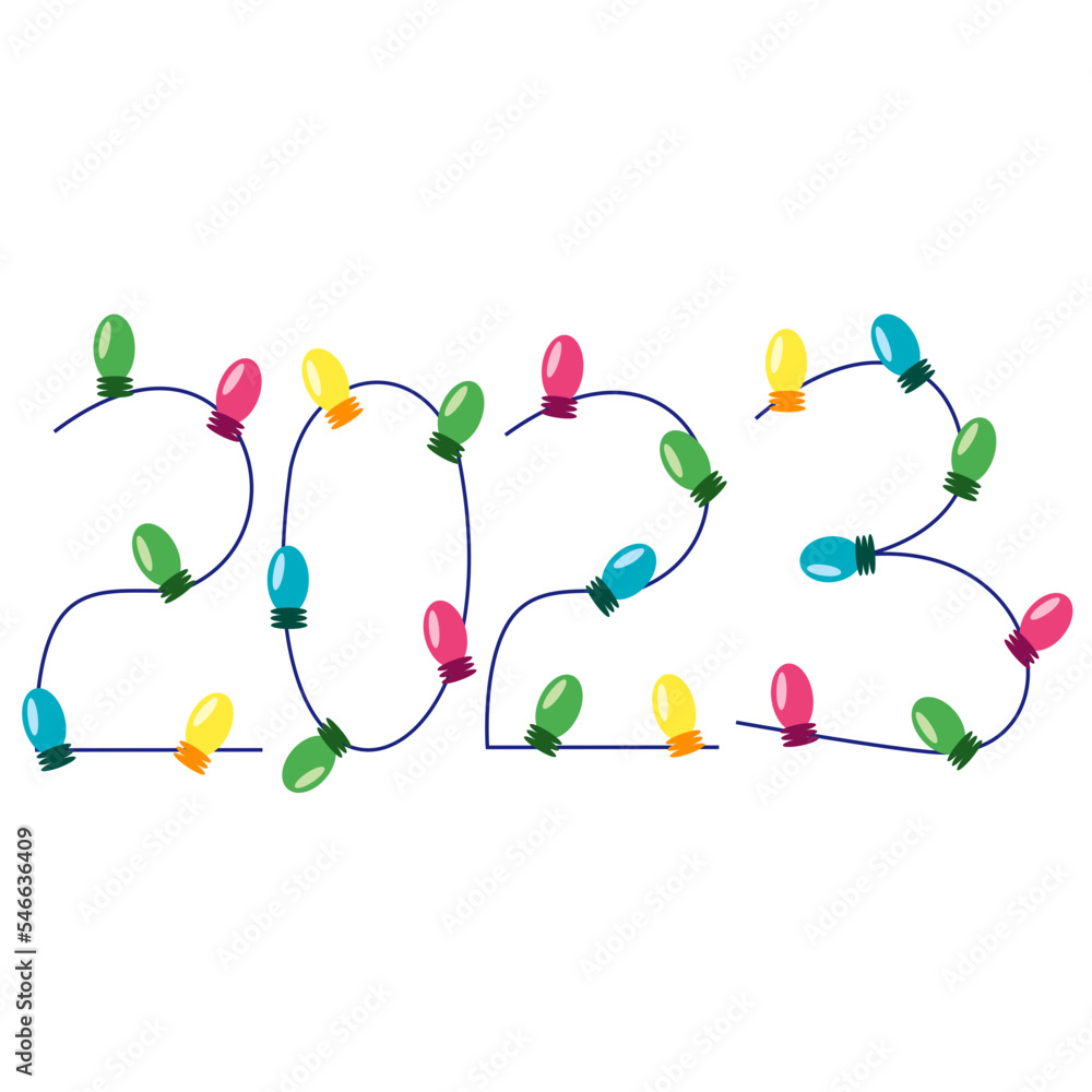 Vector illustration of numbers with garlands. New Year. 2023. Light bulbs on numbers. Vector illustration of numbers with garlands. New Year. 2023. Light bulbs on numbers.
