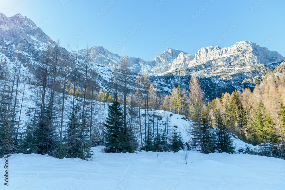 Majestic snow covered mountain peak on a sunny winter day