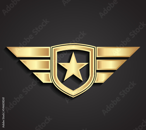 3d gold military star and shield with wings
