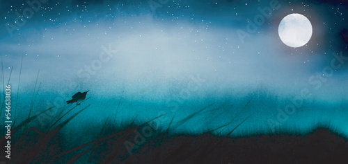 Ink wash painting of misty night field and bird sitting on the grass and looking at the Moon. Traditional oriental ink painting sumi-e, u-sin, go-hua