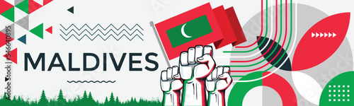 Maldives national day banner with Maldivian flag colors theme background and geometric abstract retro modern red green design. Raised fists of Male patriot supporters. Triangles Vector Illustration.