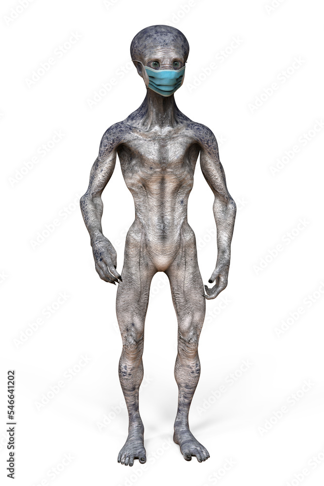 Alien in face mask, conceptual 3D illustration. Alien in face mask, conceptual 3D illustration.