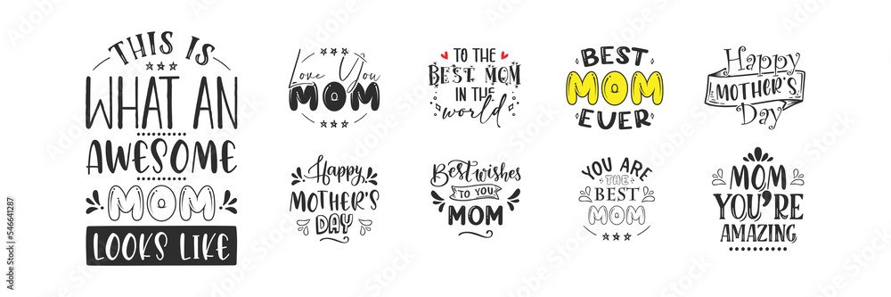 Fototapeta premium Set of Mother's day lettering for Gift card. Vintage Typography, great design for any purposes. Modern calligraphy template. Celebration quotes. Handwritten text postcard. Vector illustration 