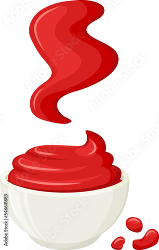 Ketchup bowl, tomato sauce vector icon, cartoon hot paste, bbq sauce dip spice, barbecue dressing. Food illustration