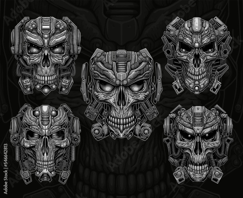 Mecha Skull head ink drawing set, cyborg skull illustrations bundle, detailed robot vector art, futuristic greyscale art