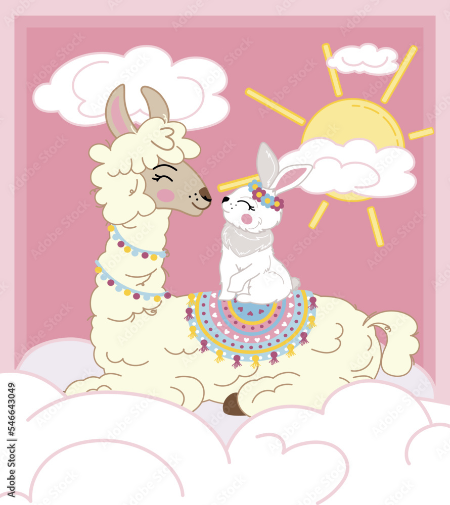 cute illustration of a llama with a rabbit on a cloud against the backdrop of the rising sun. children's illustration for cover, postcard, poster cute illustration of a llama with a rabbit on a cloud against the backdrop of the rising sun. children's illustration for cover, postcard, poster