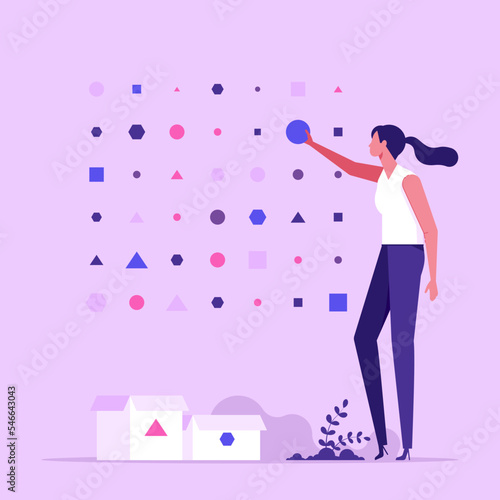 Woman sorting geometric figures. Concept of unstructured data processing, organization of digital information, database structure, cluster analysis, flat vector illustration photo