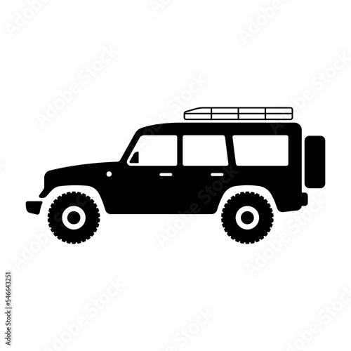 SUV icon. Off-road car for travel and tourism. Black silhouette. Side view. Vector simple flat graphic illustration. Isolated object on a white background. Isolate.