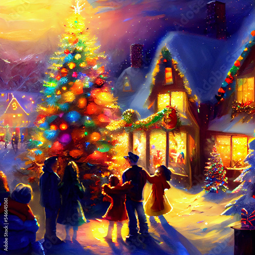 Warm Christmas Family Gathering in Snowy Village