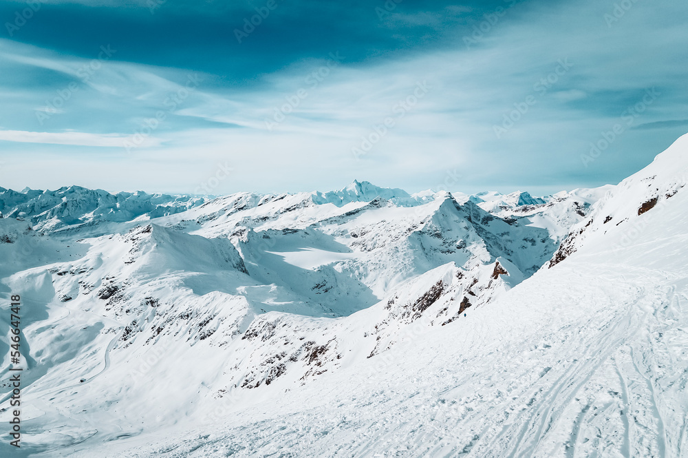 Snowy mountain landscape in breathtaking winter atmosphere photographed at Mölltal Glacier ski resort. Mölltaler glacier, Flattach, Kärnten, Austria, Europe.