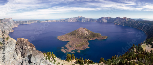 Wizard Island, the larger of the two islands on Oregonâ€™s Crater Lake, the deepest lake in the USA at 1,943 feet. photo