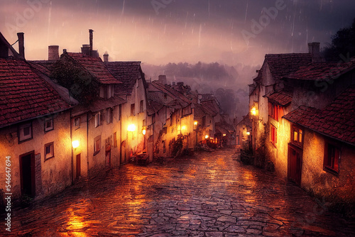 Fotografiet Digital illustration of rainy day in medieval town, cobble stone streets, dark s