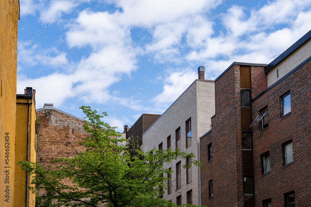 courtyard of apartment buildings with a green tree, where above the brick houses there is a blue sky with beautiful clouds