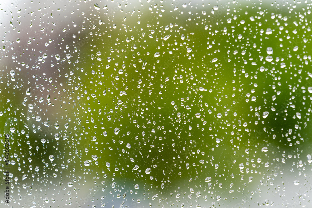 glass where there are many raindrops forming an interesting pattern with a green background