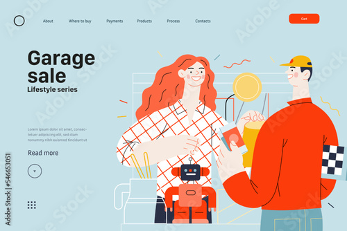 Lifestyle web template -Garage sale -modern flat vector illustration of a woman selling house stuff, table filled with house utilities and toys, and man buying a chess board. People activities concept