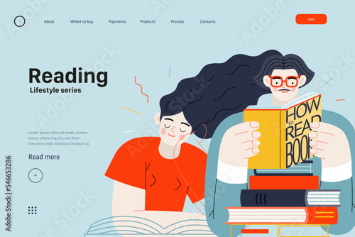 Lifestyle web template - Reading - modern flat vector illustration of a man and a woman reading the books. People activities concept