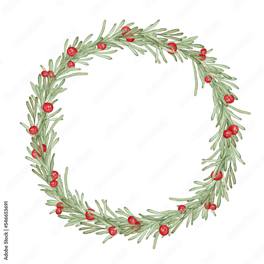 Watercolor hand painted festive wreath of tender branches with brigth red berries