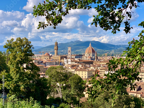 Tela Romantic view of Florence old town framed by trees of hillside park, showing cat