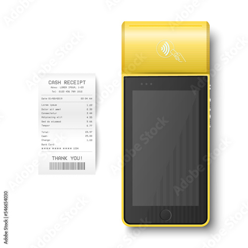 Vector 3d NFC Payment Machine with Approved Status, Paper Check, Receipt Isolated. Wi-fi, Wireless Payment. POS Terminal, Machine Design Template of Bank Payment Contactless Terminal, Mockup. Top VIew