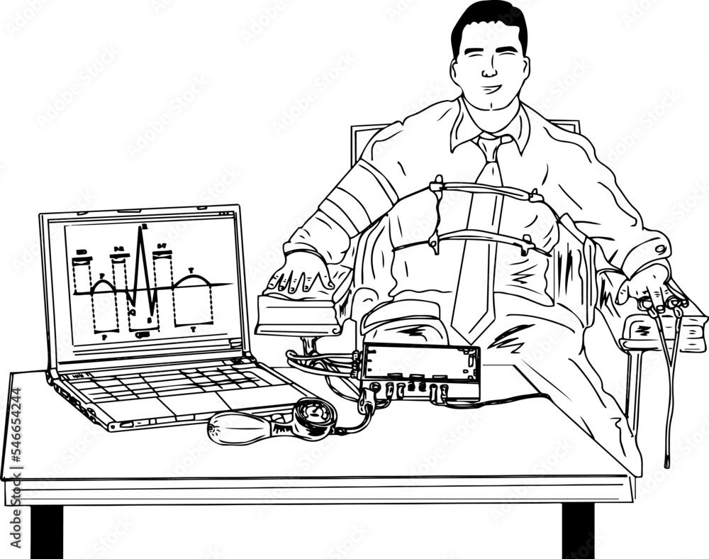 A man passes a lie detector test vector and illustration, lie detector test sketch drawing. The polygraph detect lies and truth