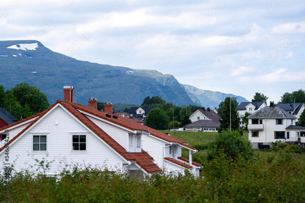A block of private houses in a norwegian mountain valley with white wooden houses with red and gray roofs and a mountain landscape with a beautiful sky above them