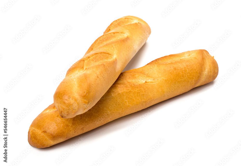 two French mini baguettes close-up on a white background