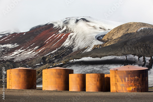 The old abandoned whaling station on Deception Island in the South Shetland Islands off the Antarctic Peninsula which is an active volcanic caldera. photo