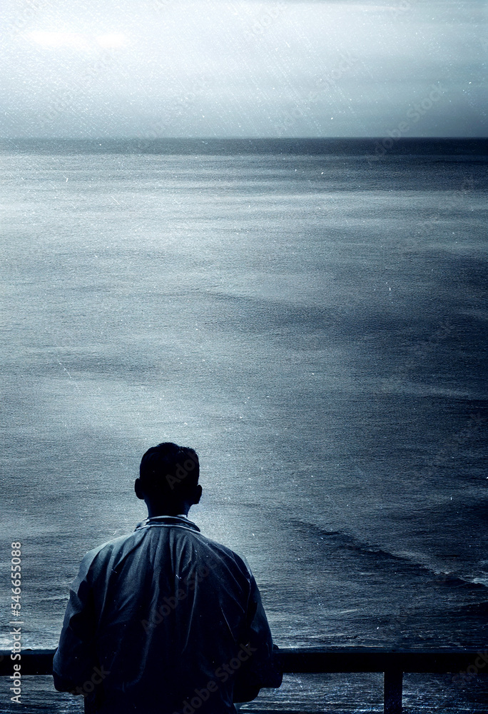 Horizontal shot of a man looking at sea 3d illustrated