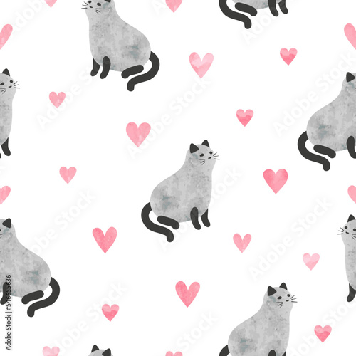 Cute cat pattern with hearts. Vector seamless kittens illustration