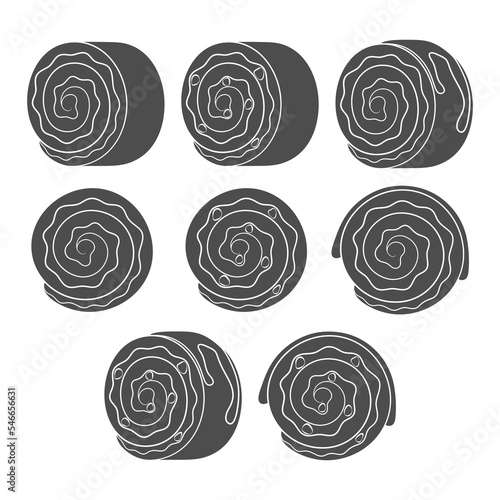 Set of black and white illustrations with a cake roll. Isolated vector objects on a white background.
