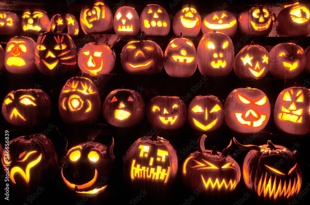 Rows of pumpkins are carved and illuminated with candles in celebration ...